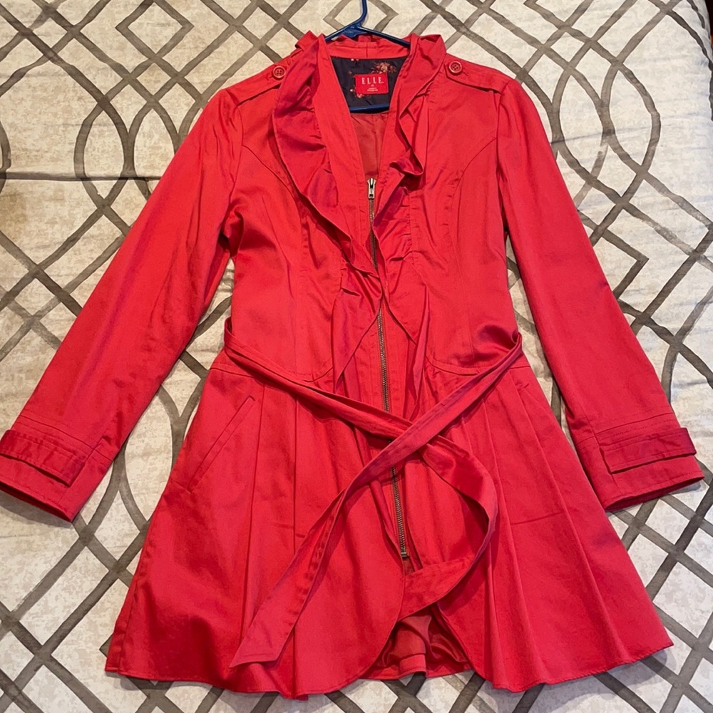 Elle Fashion Coral Trench Coat with Ruffle Collar Size M